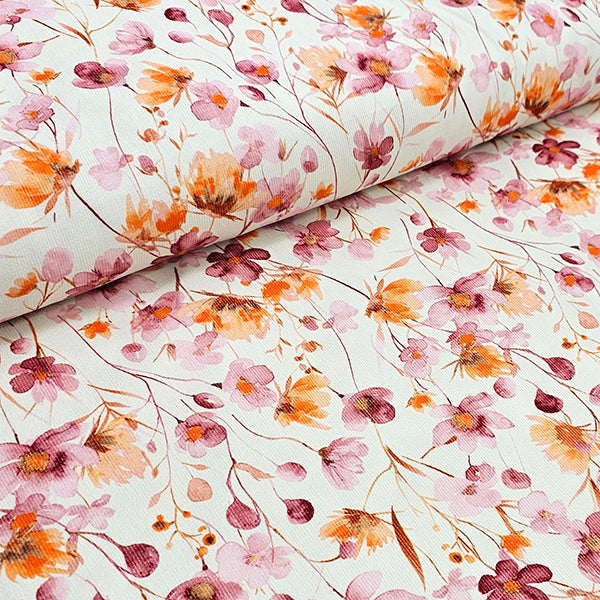 Babycord Blumen naturweiß, rosa und orange