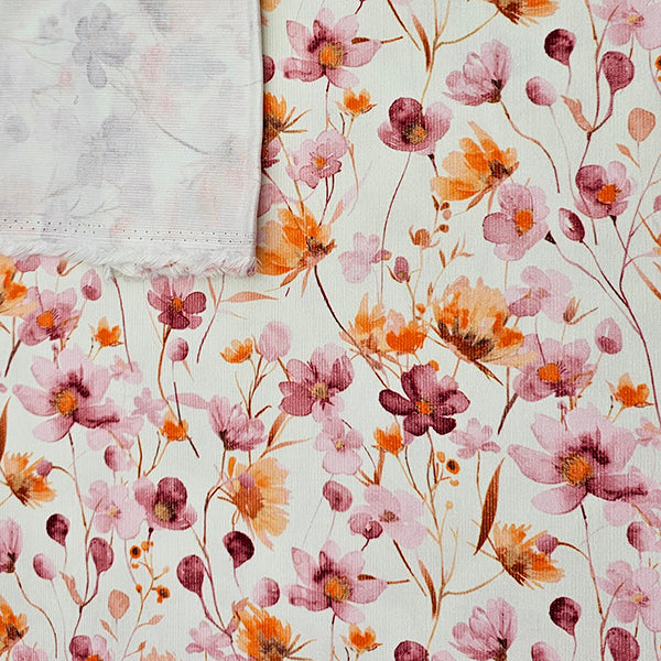 Babycord Blumen naturweiß, rosa und orange