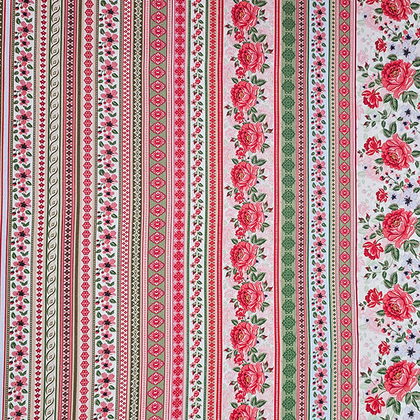 Baumwollsatin Siena Blumen und Streifen rot, sand und grün