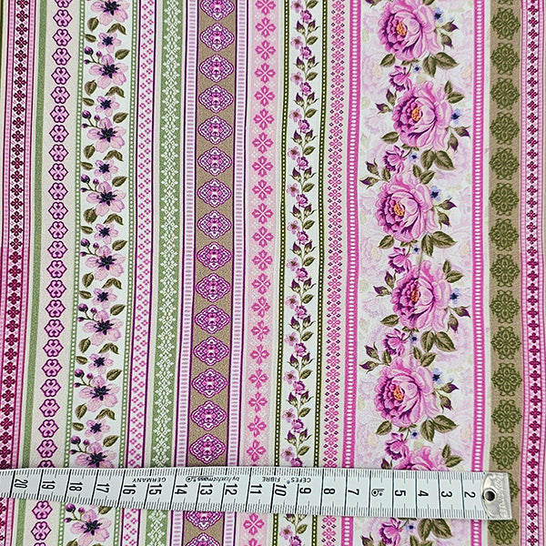 Baumwollsatin Siena Blumen und Streifen rosa, flieder und grün