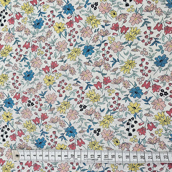 Baumwoll-Voile Digital Blumen blau, gelb und rosa