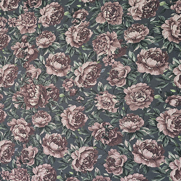 Baumwollsatin Blumen dunkelgrau und altrosa