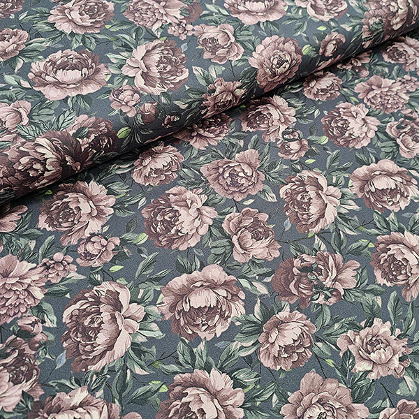 Baumwollsatin Blumen dunkelgrau und altrosa
