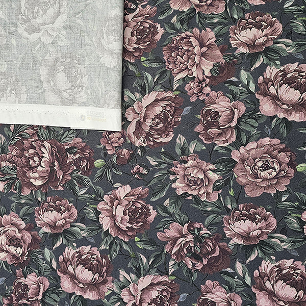 Baumwollsatin Blumen dunkelgrau und altrosa