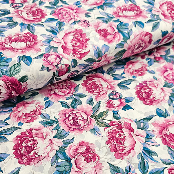 Baumwollsatin Blumen weiß und rosa
