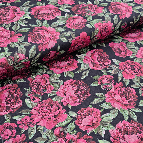 Baumwollsatin Blumen schwarz und rosa