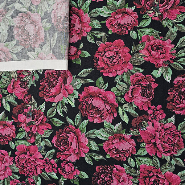 Baumwollsatin Blumen schwarz und rosa
