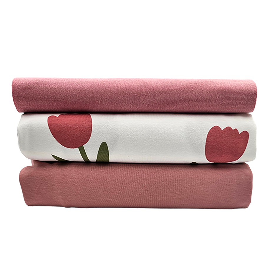 Jersey Stoffpaket Tulpen und uni rose mit Bündchen