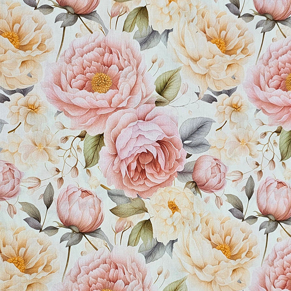 Baumwollsatin Siena große Blumen Pastell rose und buttergelb