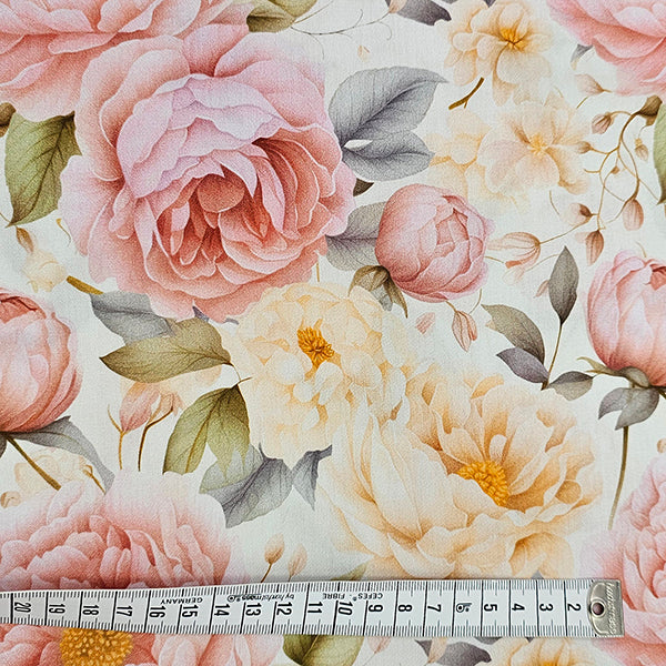 Baumwollsatin Siena große Blumen Pastell rose und buttergelb