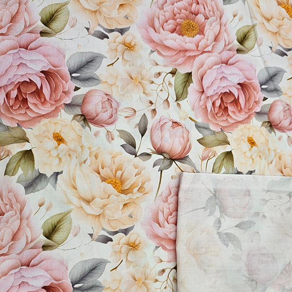 Baumwollsatin Siena große Blumen Pastell rose und buttergelb