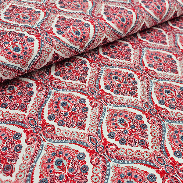 Baumwollsatin Siena Ornamente rot und blau