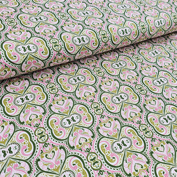 Baumwollsatin Siena Ornamente grün und rosa