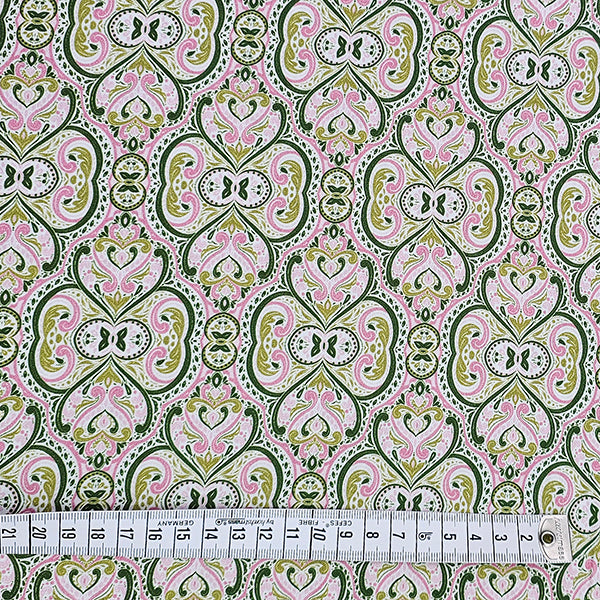 Baumwollsatin Siena Ornamente grün und rosa