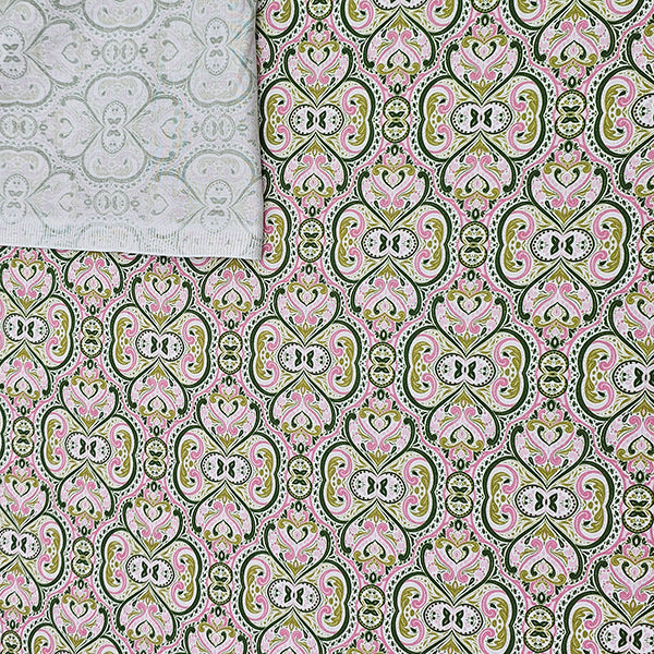 Baumwollsatin Siena Ornamente grün und rosa