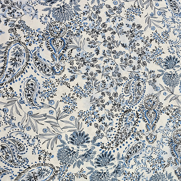 Baumwollsatin Paisley und Pflanzen blau