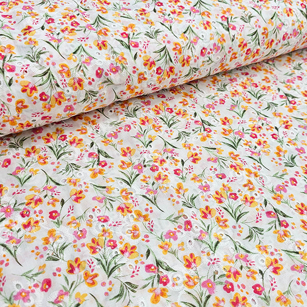 Baumwolle Stickerei Blumen orange und pink