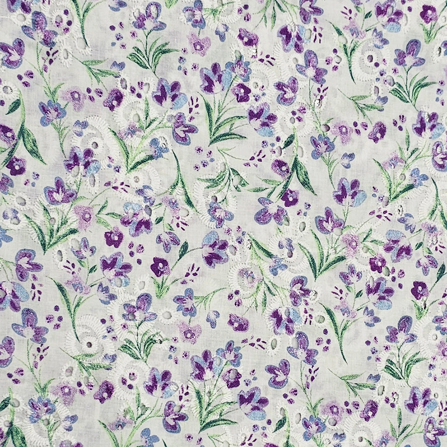Baumwolle Stickerei Blumen flieder und grün