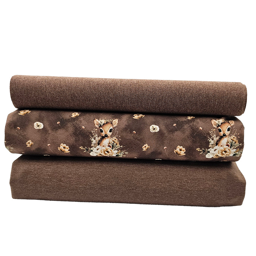 Jersey Stoffpaket Reh mit Blumen braun und Bündchen