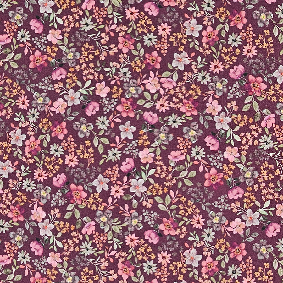 Baumwoll-Popelin fein Blumen bordeauxrot
