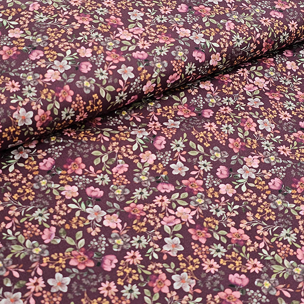 Baumwoll-Popelin fein Blumen bordeauxrot