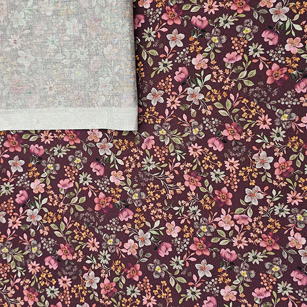 Baumwoll-Popelin fein Blumen bordeauxrot