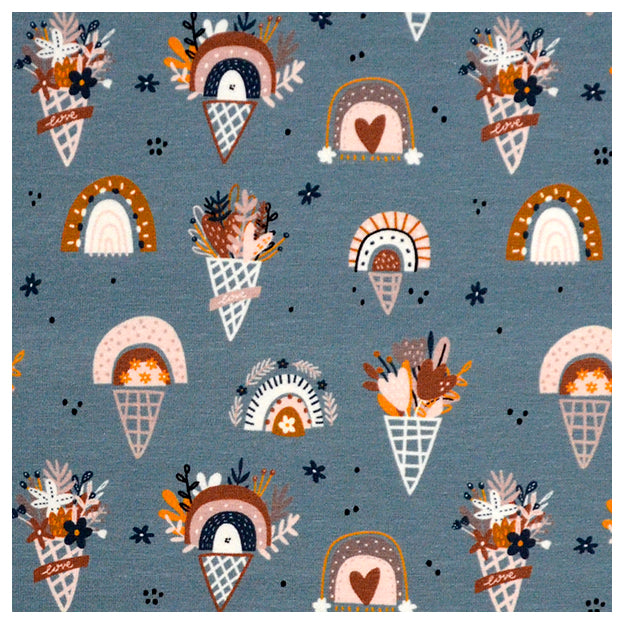 Jersey Stoffpaket Blumen, Regenbogen und Jersey streifen rosa mit Bündchen Bio