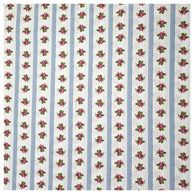 Baumwolle gestreift mit Rosen blau und rosa