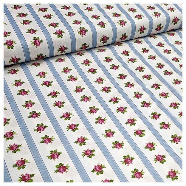 Baumwolle gestreift mit Rosen blau und rosa
