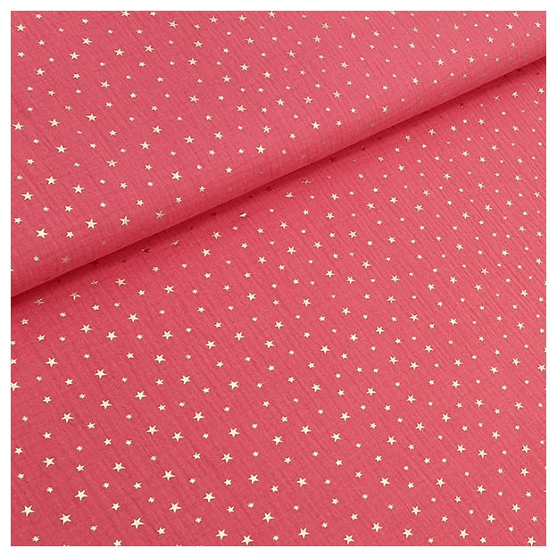 Musselin Baumwolle in Koralle mit Sternen Gold