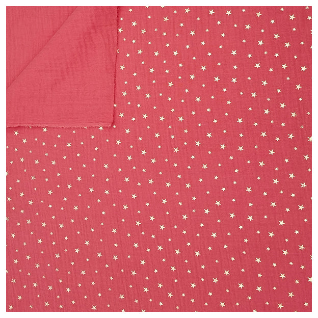 Musselin Baumwolle in Koralle mit Sternen Gold