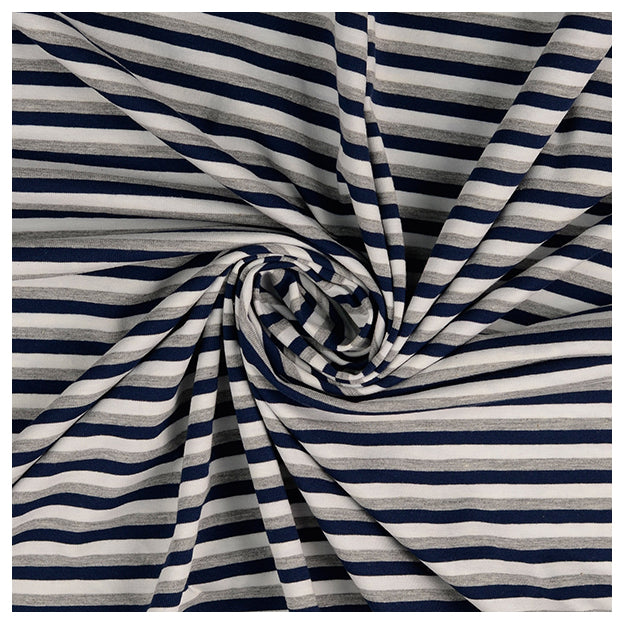 Jersey Streifen grau, blau und weiß 5mm